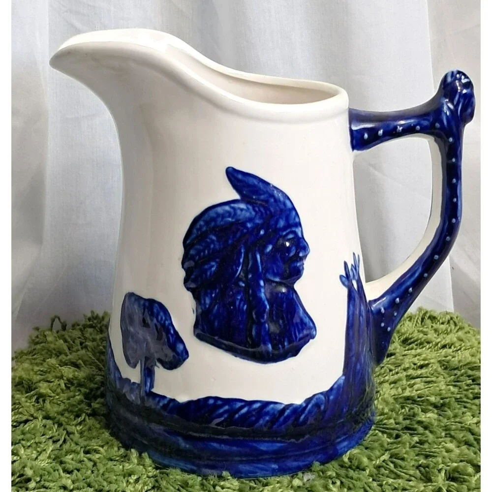 Vintage Pitcher Old Sleepy Eye Blue and White Pottery American Indian Teepee 9
